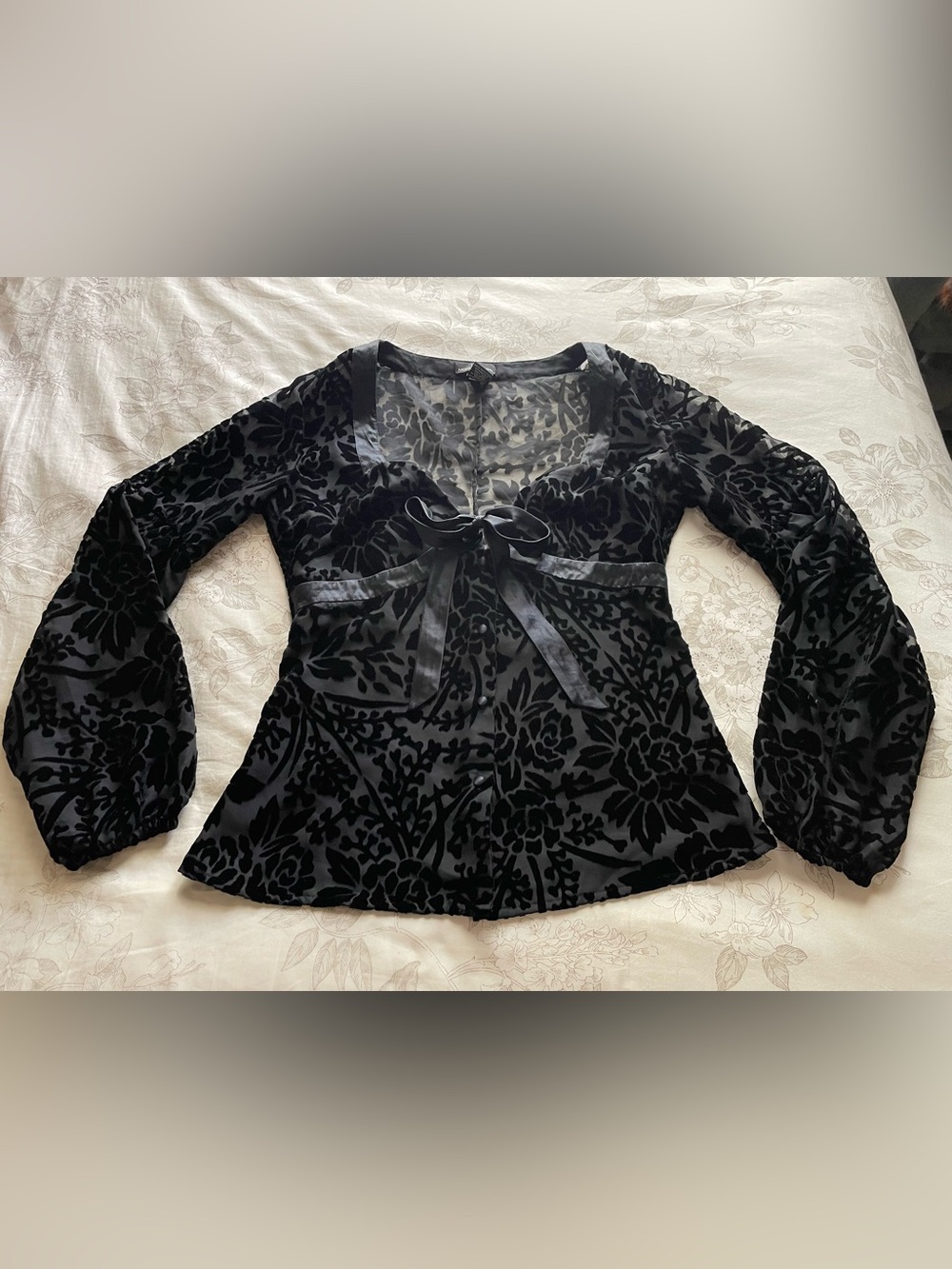 Vintage Black Floral Velvet Burnout Sheer Tie Front Button Top Small Whimsigoth